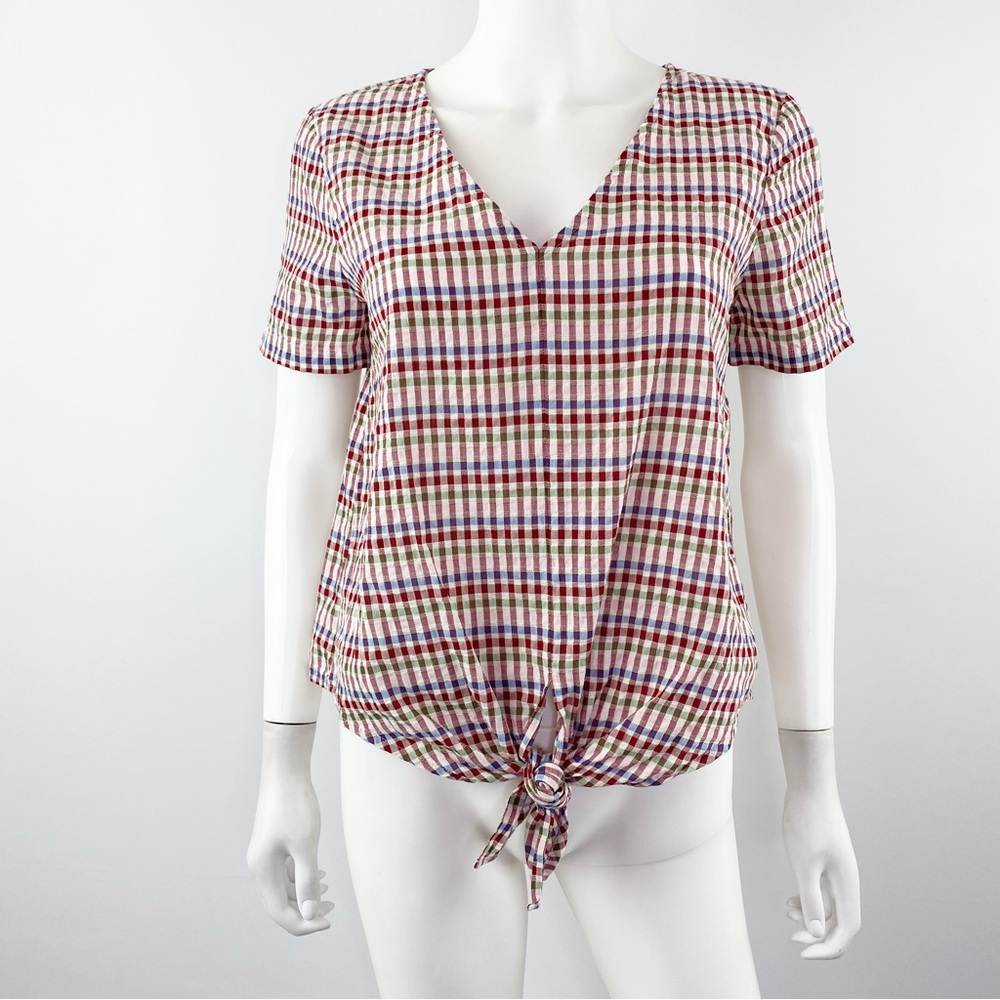Madewell Red Multicolor Plaid Short Sleeve V-Neck Blouse Shirt Top Size S